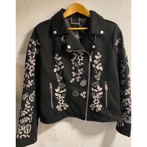 Paparazzi white Floral Embroidered Black suede Jacket, large